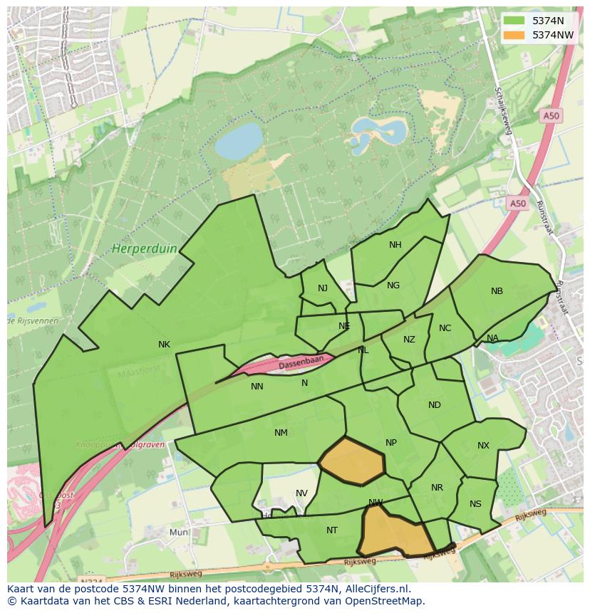 Afbeelding van het postcodegebied 5374 NW op de kaart.