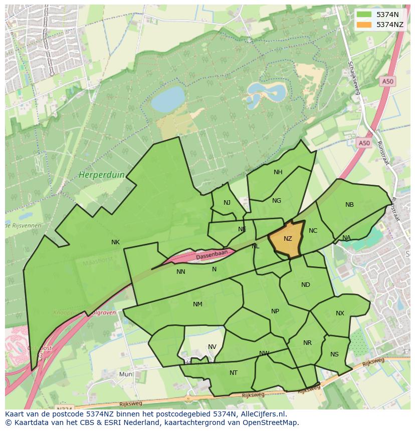 Afbeelding van het postcodegebied 5374 NZ op de kaart.