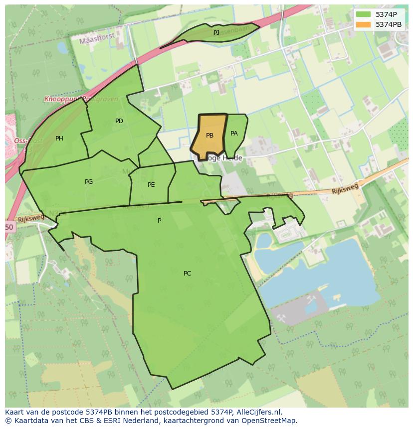 Afbeelding van het postcodegebied 5374 PB op de kaart.