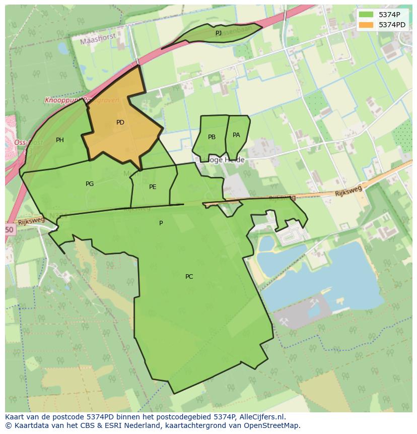 Afbeelding van het postcodegebied 5374 PD op de kaart.