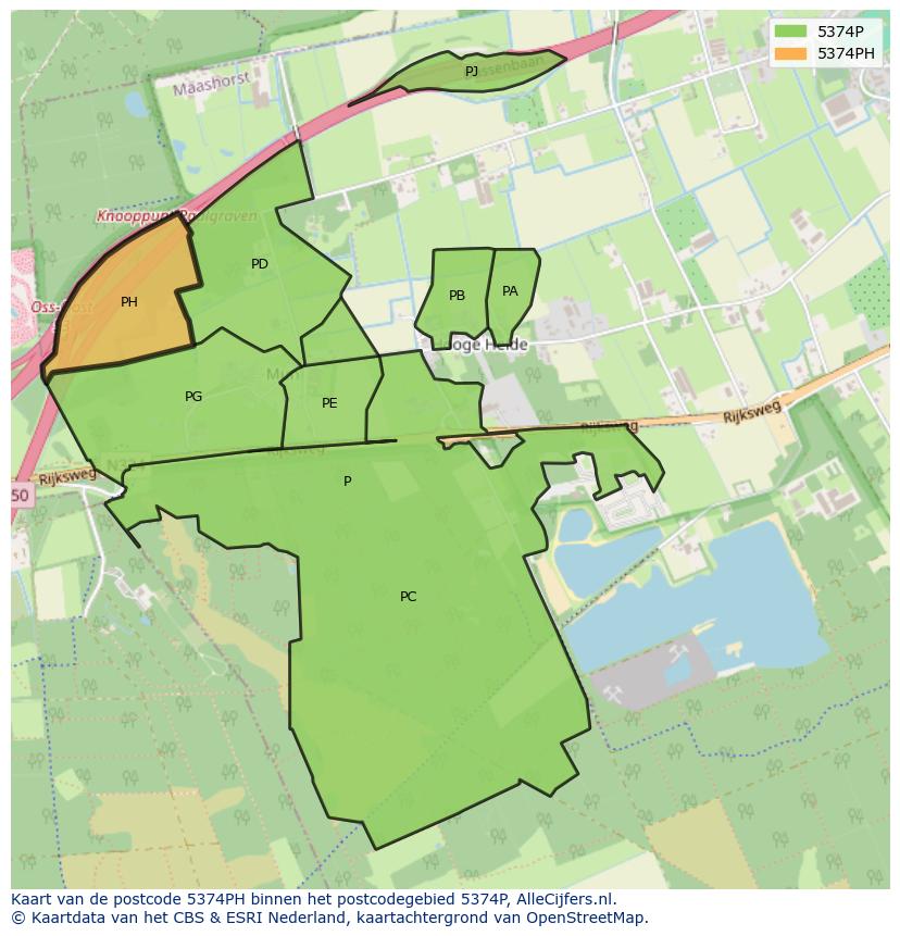 Afbeelding van het postcodegebied 5374 PH op de kaart.