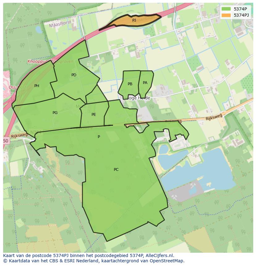 Afbeelding van het postcodegebied 5374 PJ op de kaart.