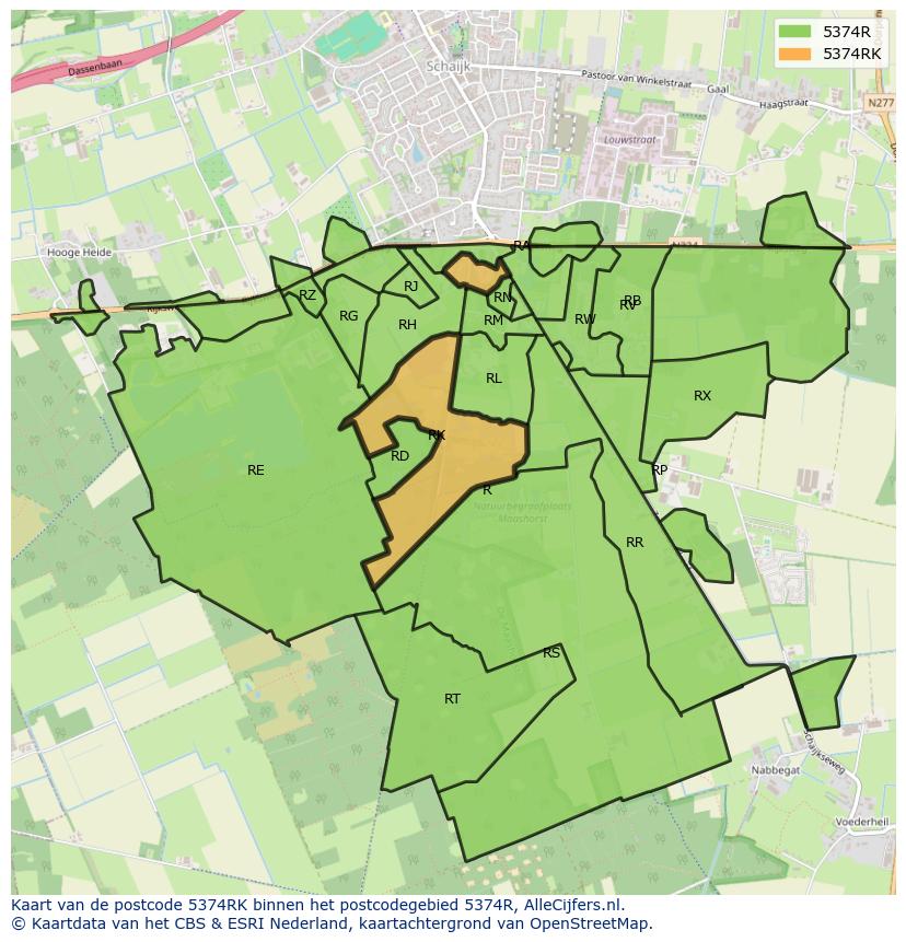 Afbeelding van het postcodegebied 5374 RK op de kaart.