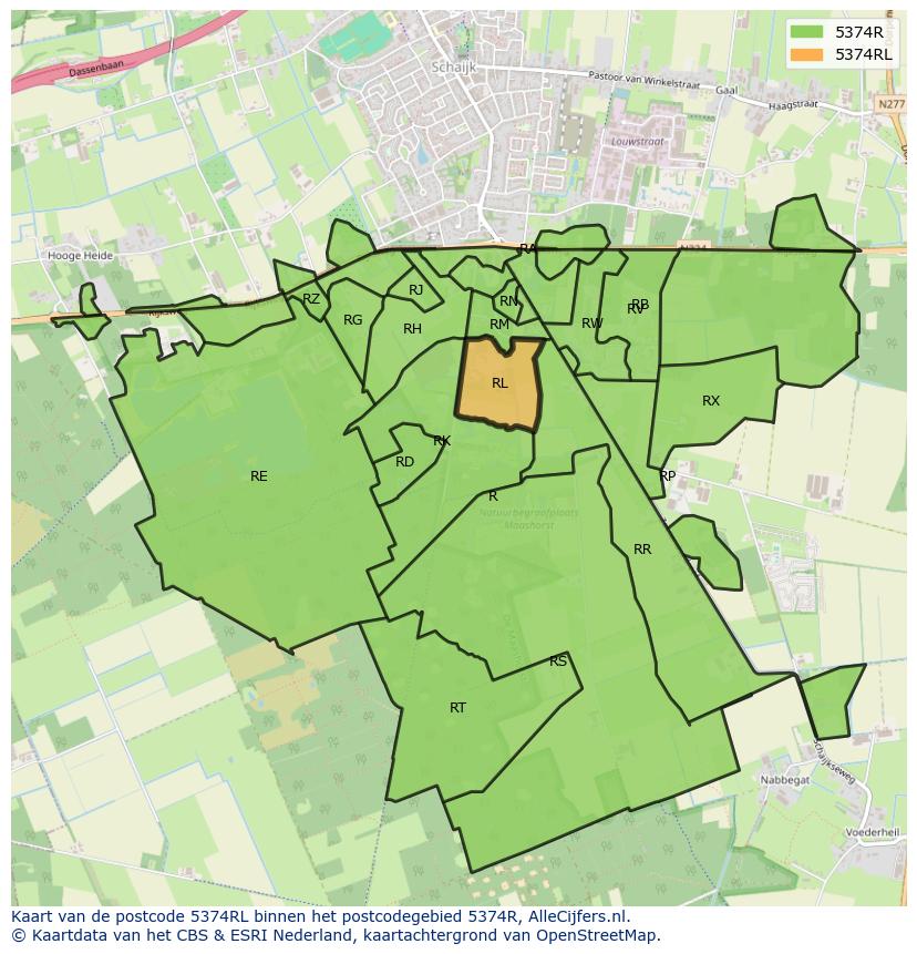 Afbeelding van het postcodegebied 5374 RL op de kaart.
