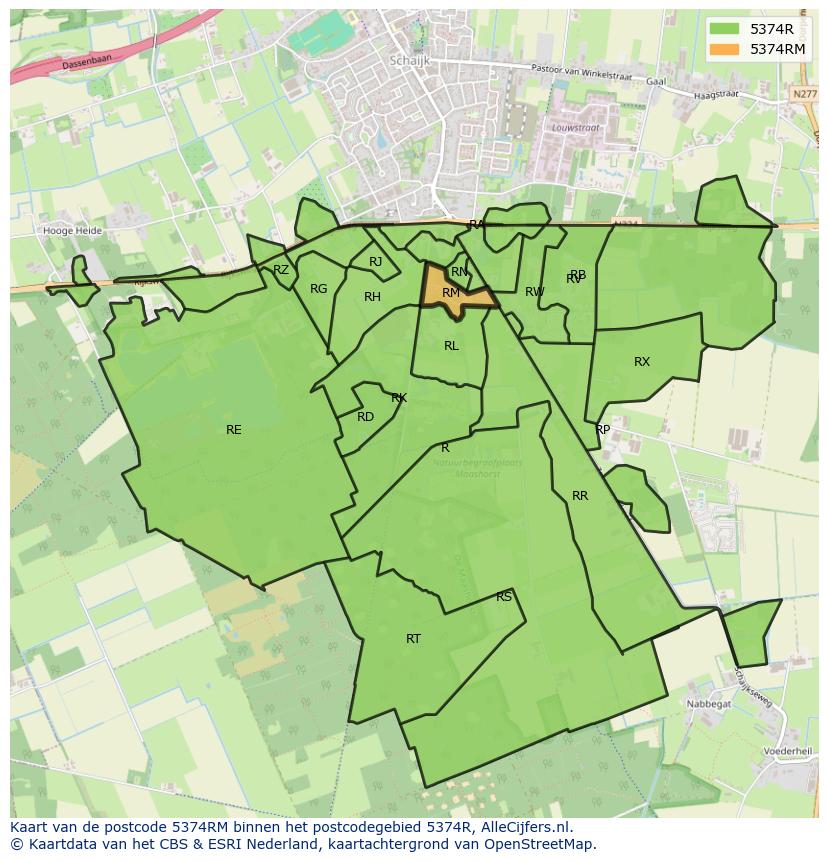 Afbeelding van het postcodegebied 5374 RM op de kaart.