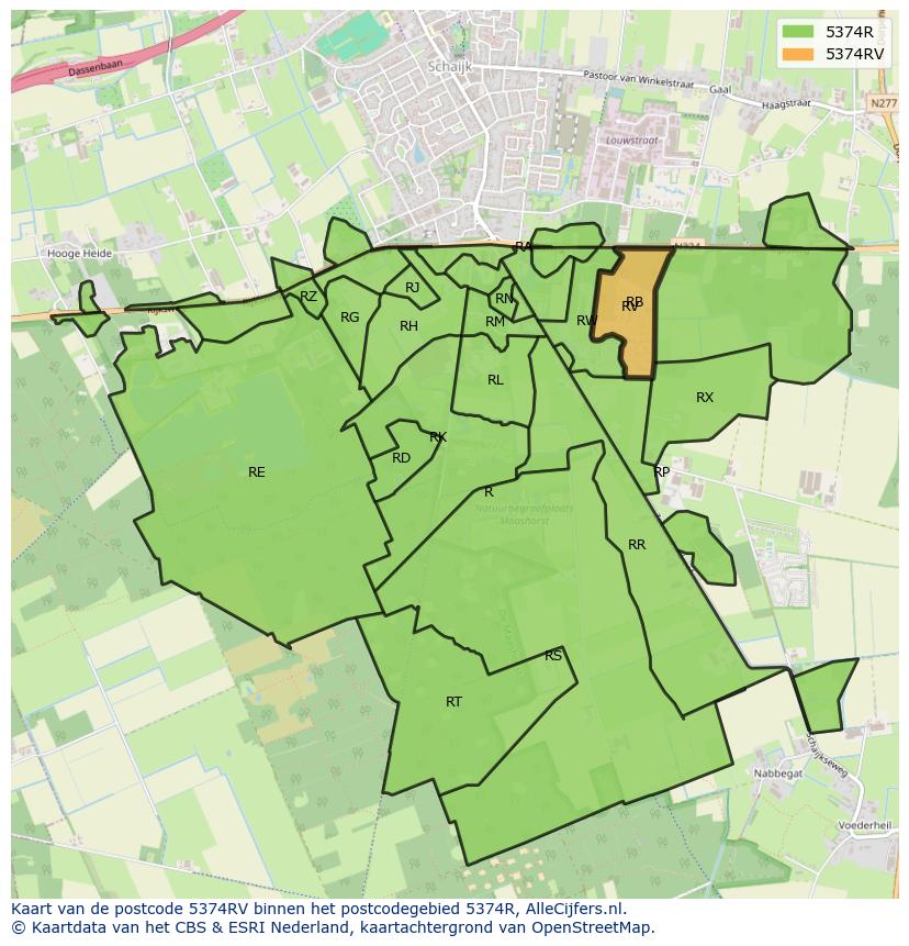 Afbeelding van het postcodegebied 5374 RV op de kaart.
