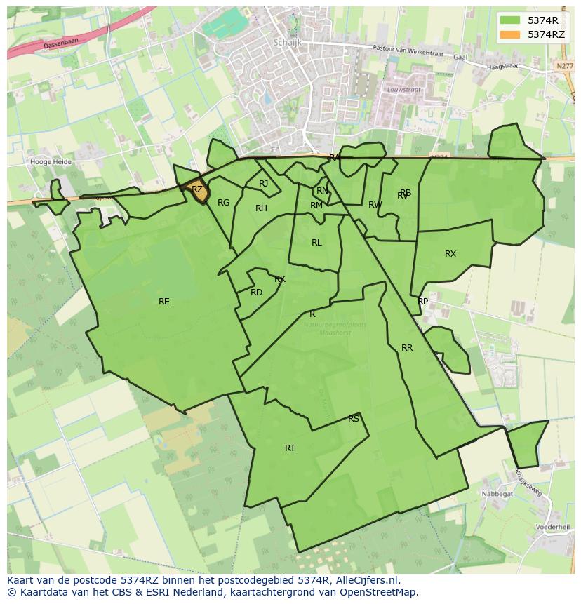 Afbeelding van het postcodegebied 5374 RZ op de kaart.