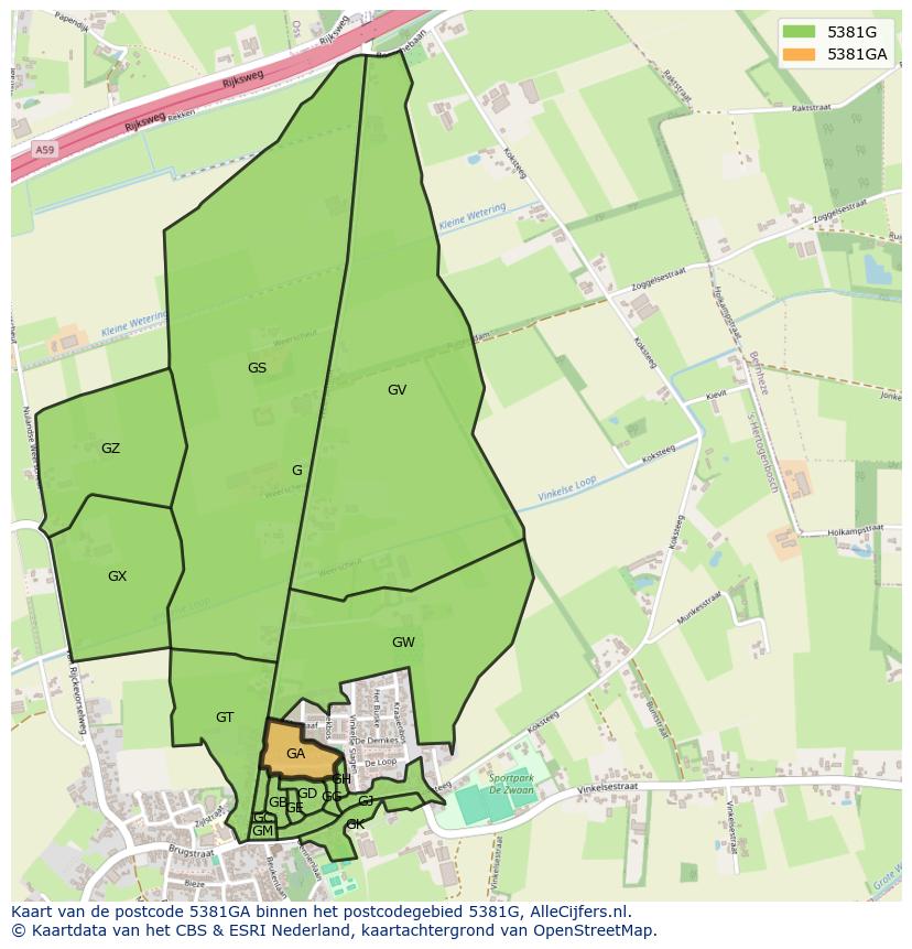Afbeelding van het postcodegebied 5381 GA op de kaart.