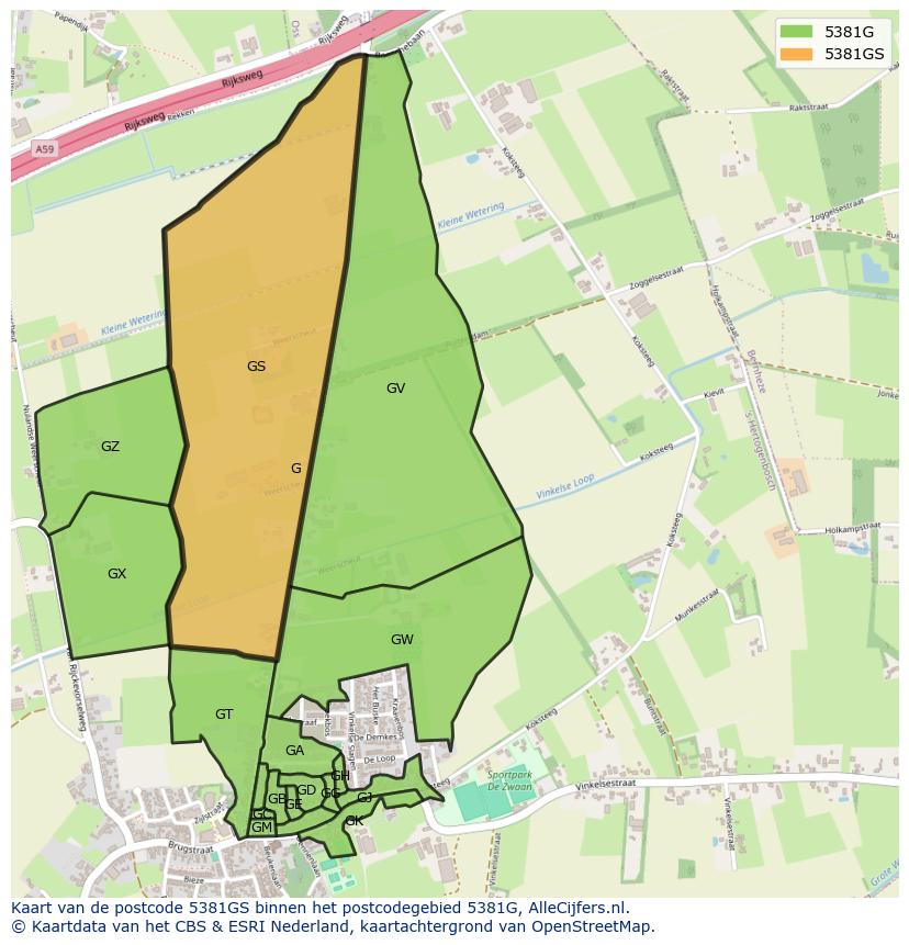 Afbeelding van het postcodegebied 5381 GS op de kaart.