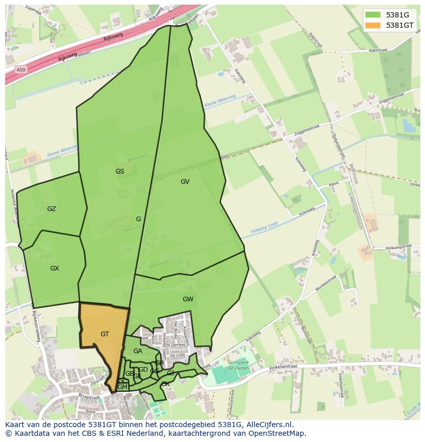 Afbeelding van het postcodegebied 5381 GT op de kaart.