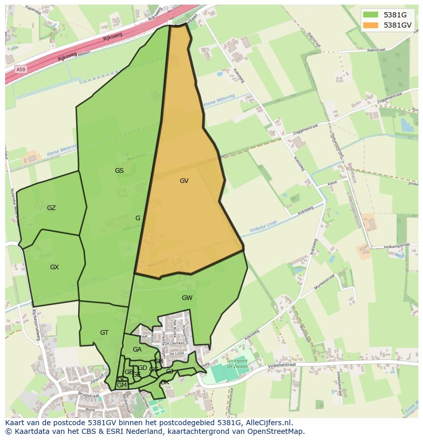 Afbeelding van het postcodegebied 5381 GV op de kaart.