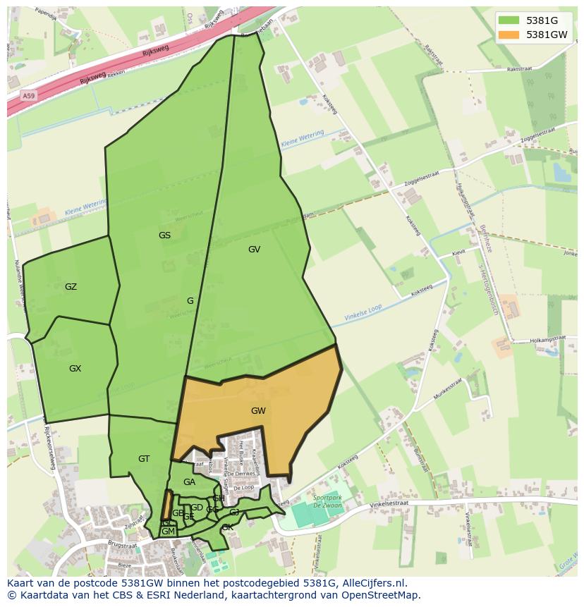 Afbeelding van het postcodegebied 5381 GW op de kaart.