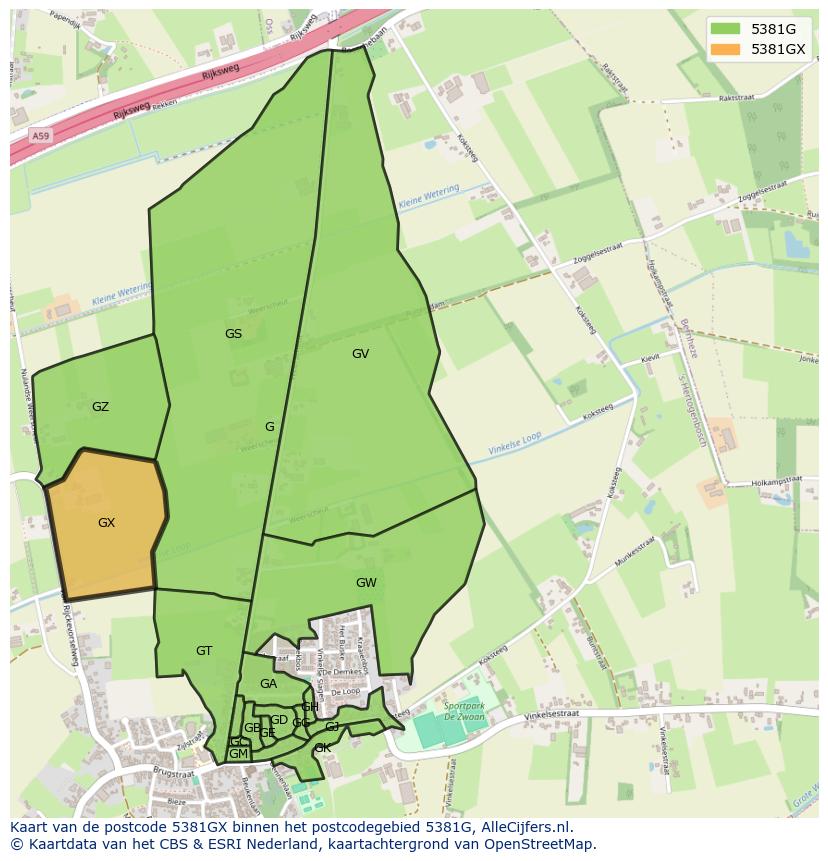 Afbeelding van het postcodegebied 5381 GX op de kaart.