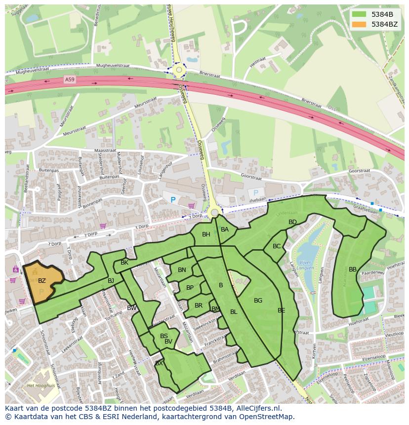 Afbeelding van het postcodegebied 5384 BZ op de kaart.