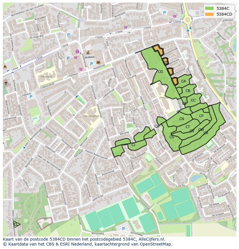 Afbeelding van het postcodegebied 5384 CD op de kaart.