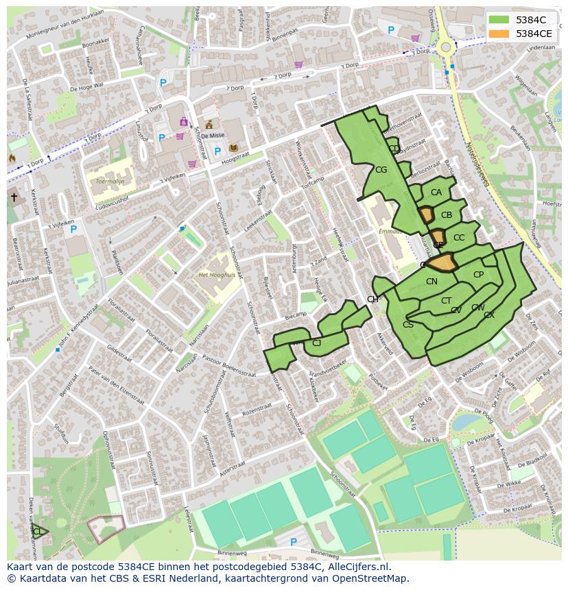Afbeelding van het postcodegebied 5384 CE op de kaart.