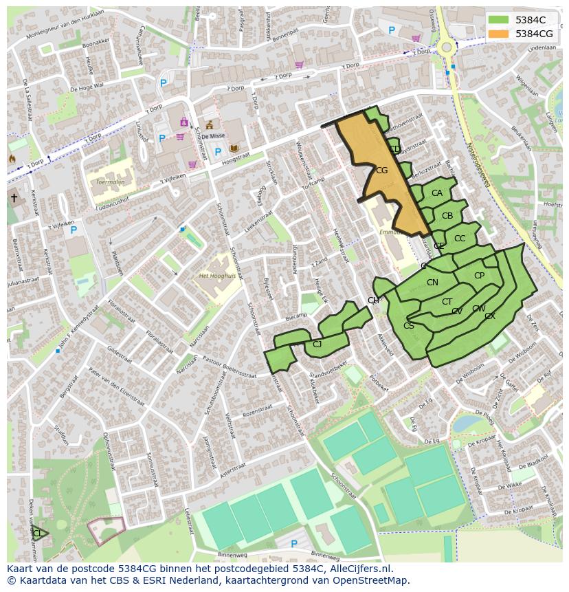 Afbeelding van het postcodegebied 5384 CG op de kaart.