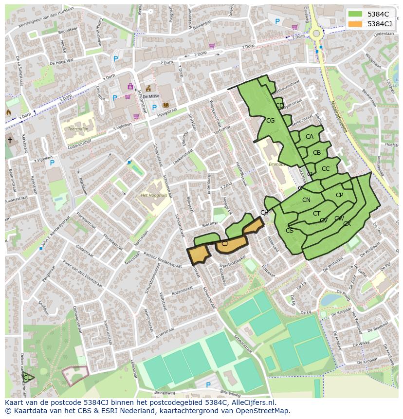 Afbeelding van het postcodegebied 5384 CJ op de kaart.
