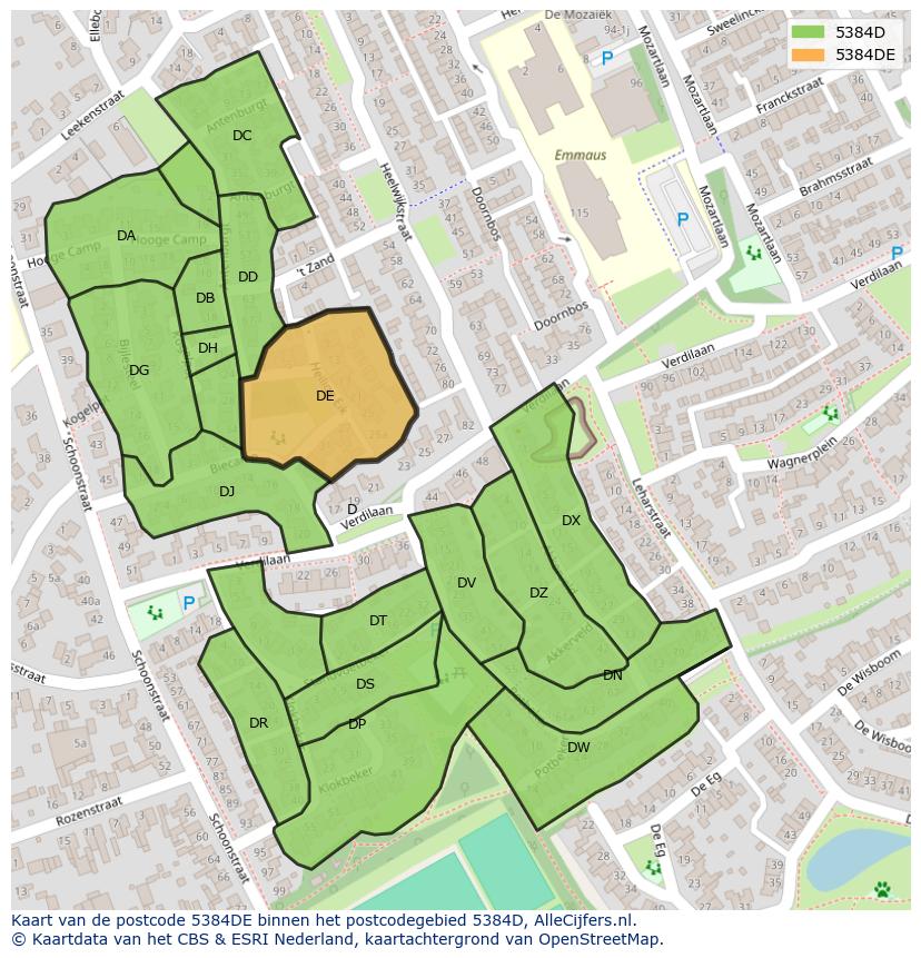 Afbeelding van het postcodegebied 5384 DE op de kaart.