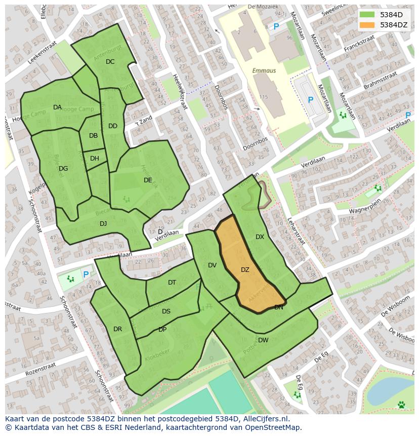 Afbeelding van het postcodegebied 5384 DZ op de kaart.