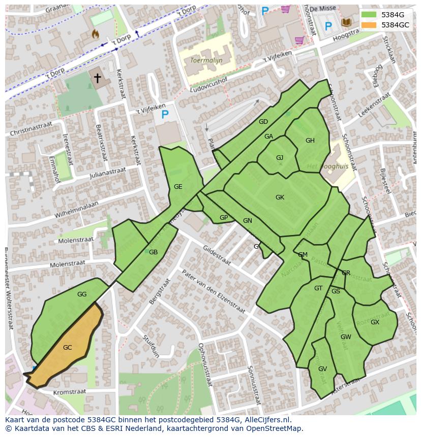 Afbeelding van het postcodegebied 5384 GC op de kaart.