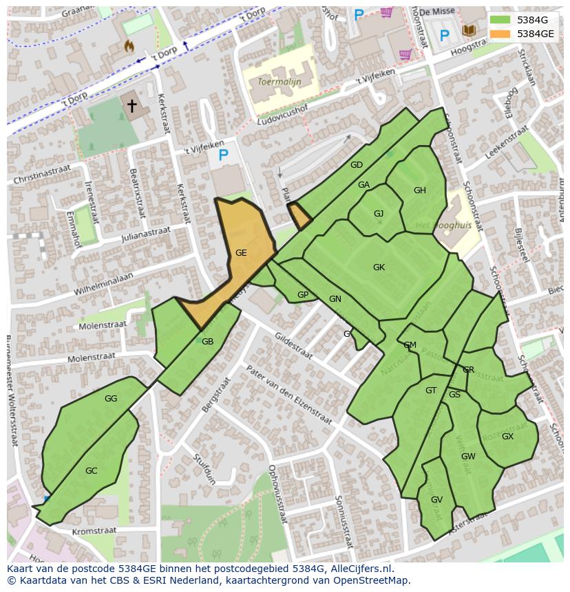 Afbeelding van het postcodegebied 5384 GE op de kaart.