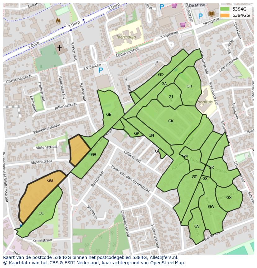 Afbeelding van het postcodegebied 5384 GG op de kaart.