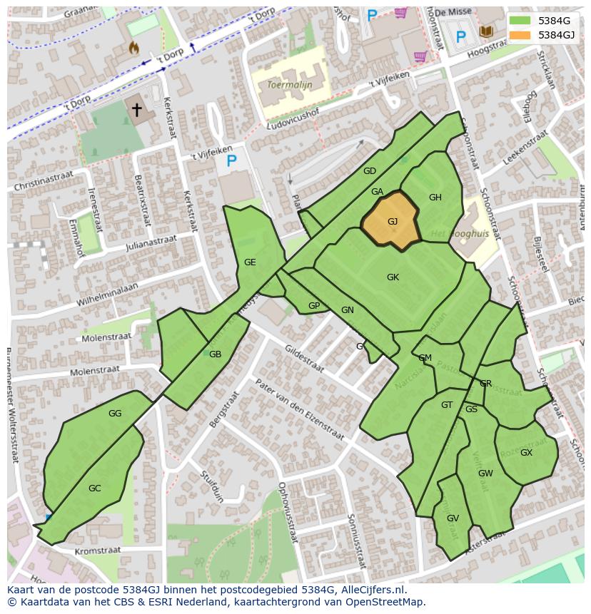 Afbeelding van het postcodegebied 5384 GJ op de kaart.