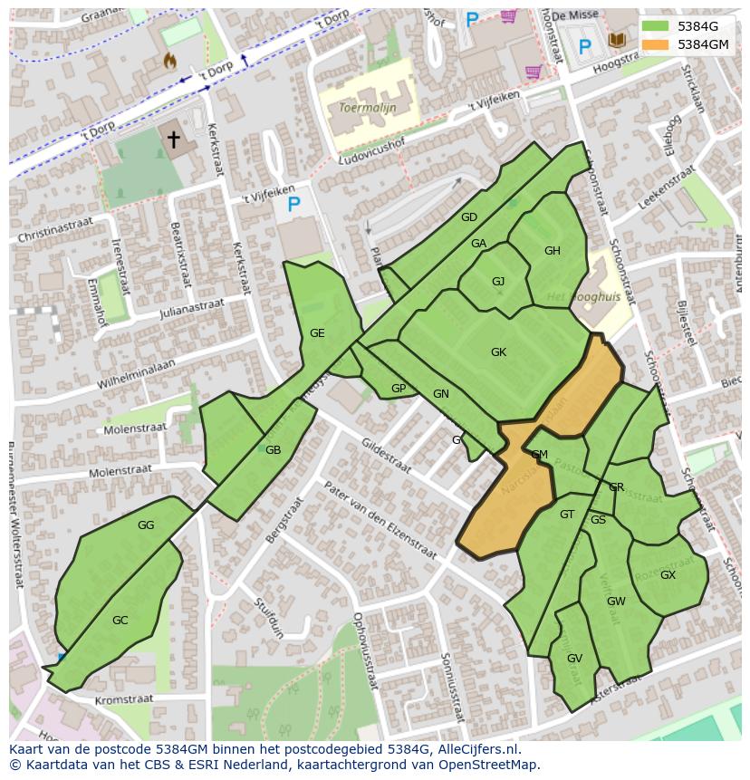 Afbeelding van het postcodegebied 5384 GM op de kaart.