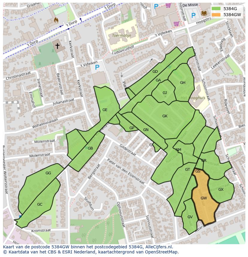 Afbeelding van het postcodegebied 5384 GW op de kaart.
