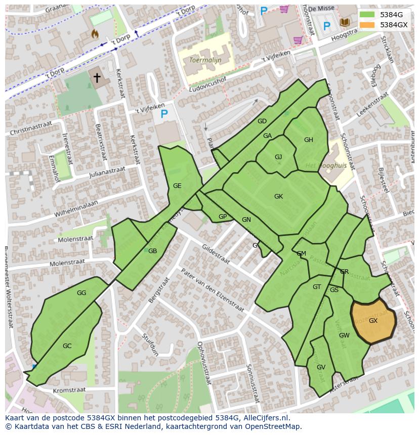 Afbeelding van het postcodegebied 5384 GX op de kaart.