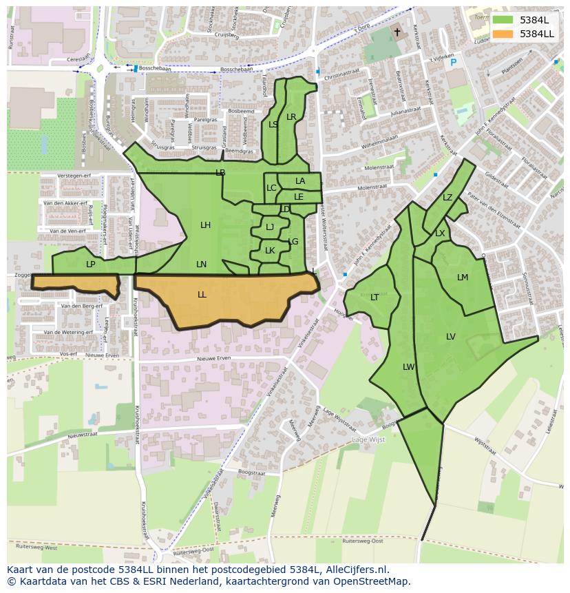 Afbeelding van het postcodegebied 5384 LL op de kaart.
