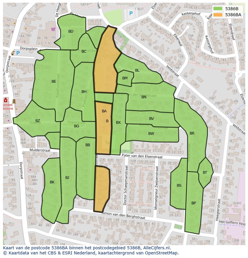 Afbeelding van het postcodegebied 5386 BA op de kaart.