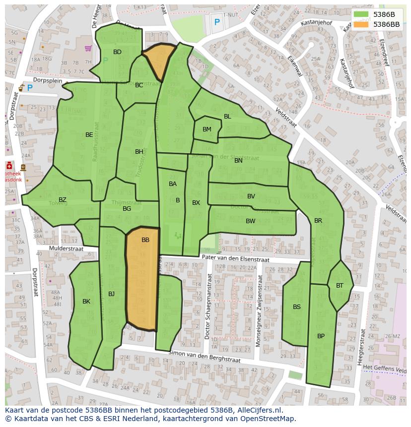 Afbeelding van het postcodegebied 5386 BB op de kaart.