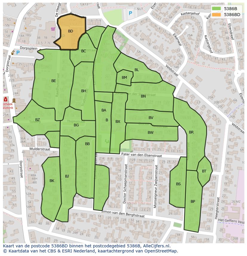 Afbeelding van het postcodegebied 5386 BD op de kaart.