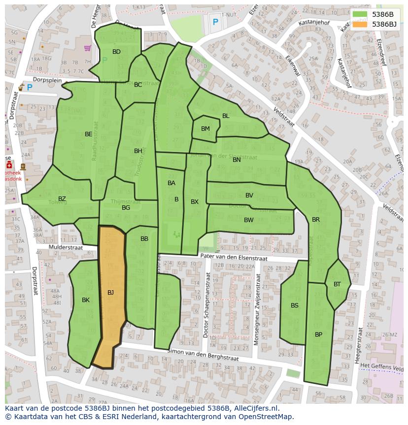 Afbeelding van het postcodegebied 5386 BJ op de kaart.
