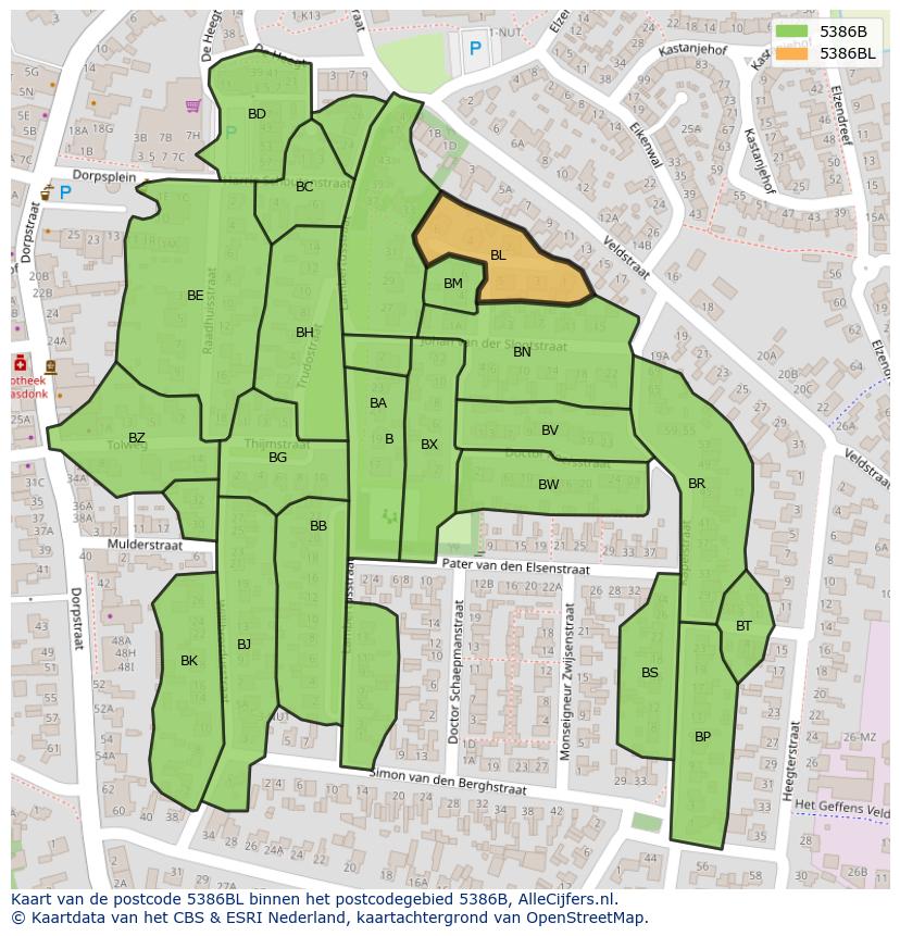 Afbeelding van het postcodegebied 5386 BL op de kaart.