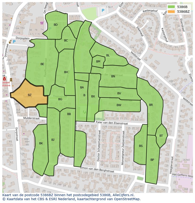 Afbeelding van het postcodegebied 5386 BZ op de kaart.