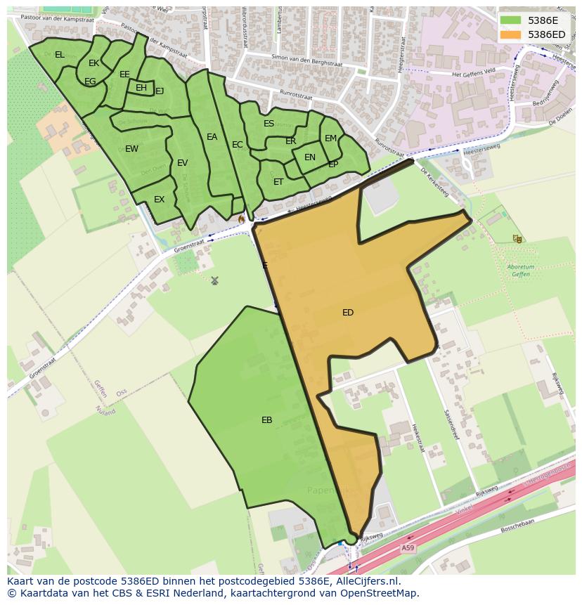 Afbeelding van het postcodegebied 5386 ED op de kaart.