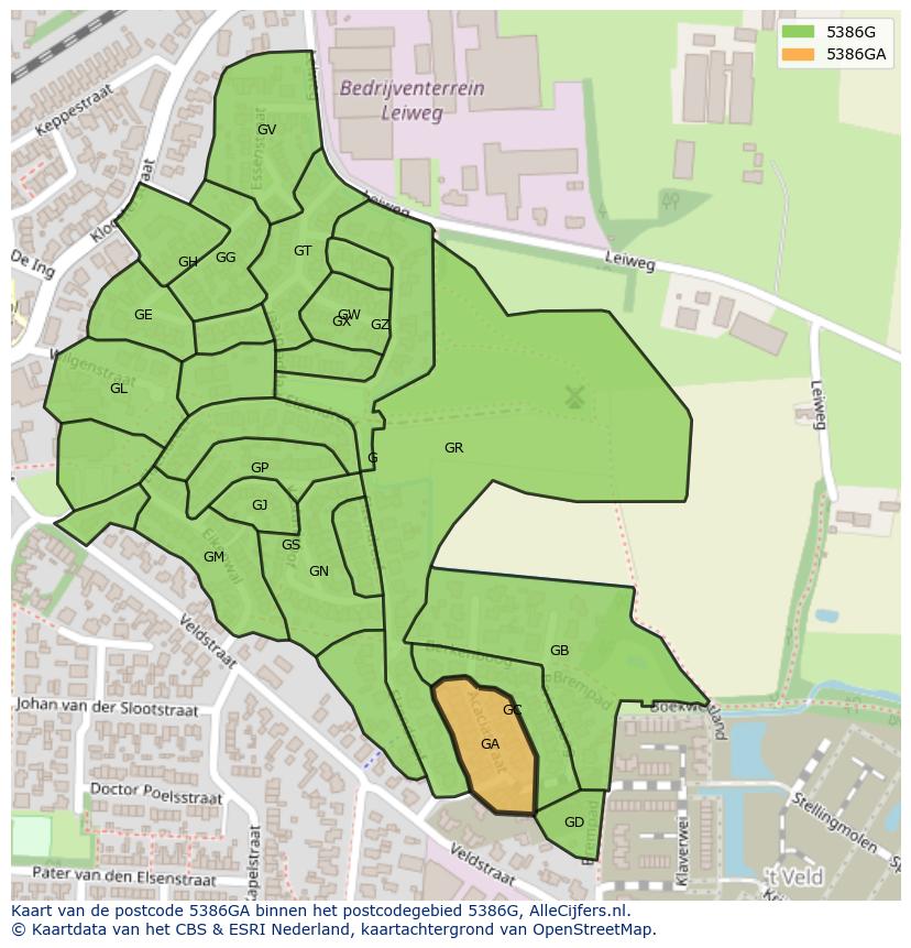Afbeelding van het postcodegebied 5386 GA op de kaart.