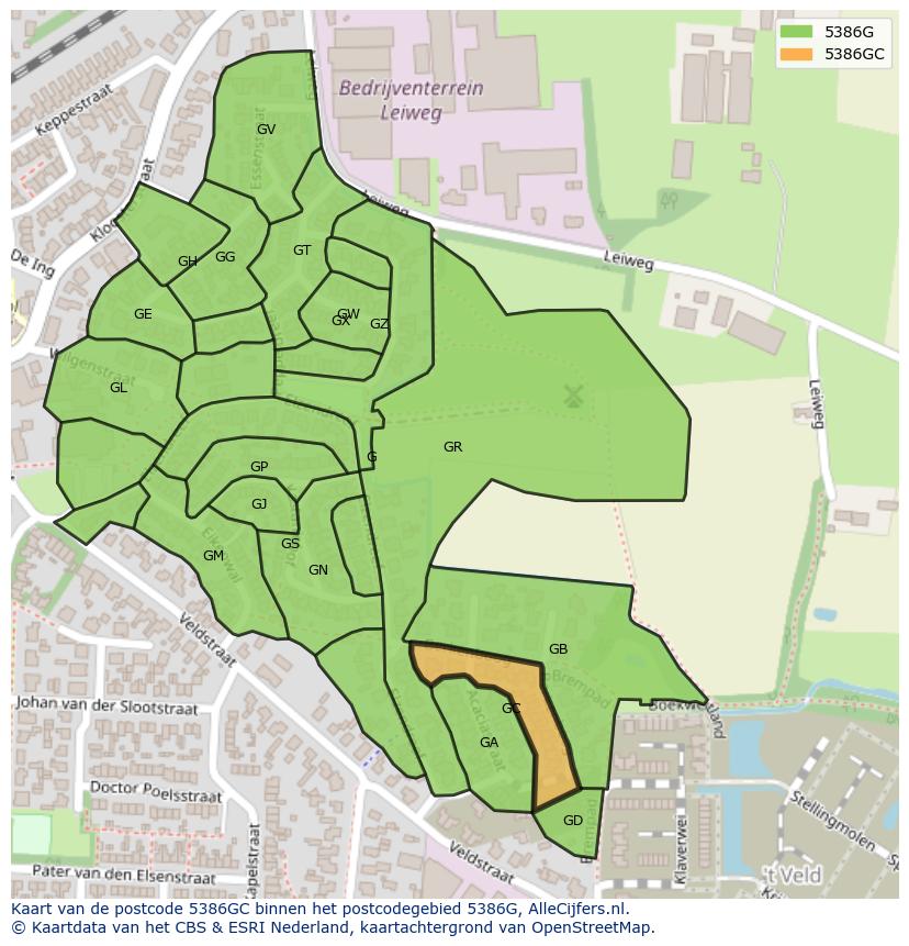 Afbeelding van het postcodegebied 5386 GC op de kaart.