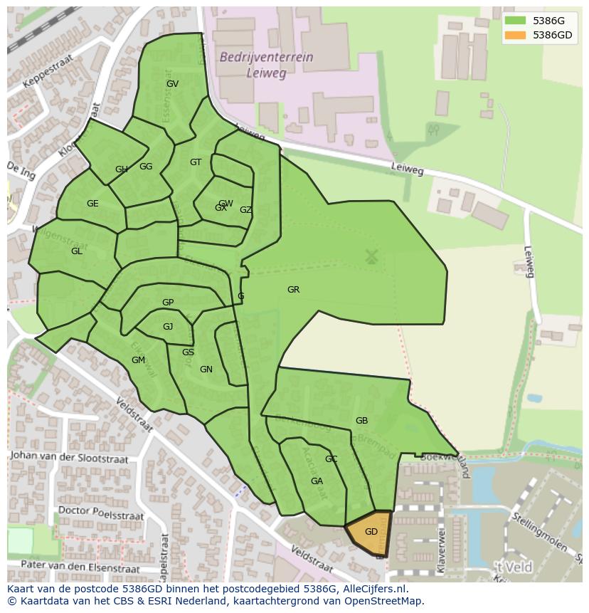 Afbeelding van het postcodegebied 5386 GD op de kaart.