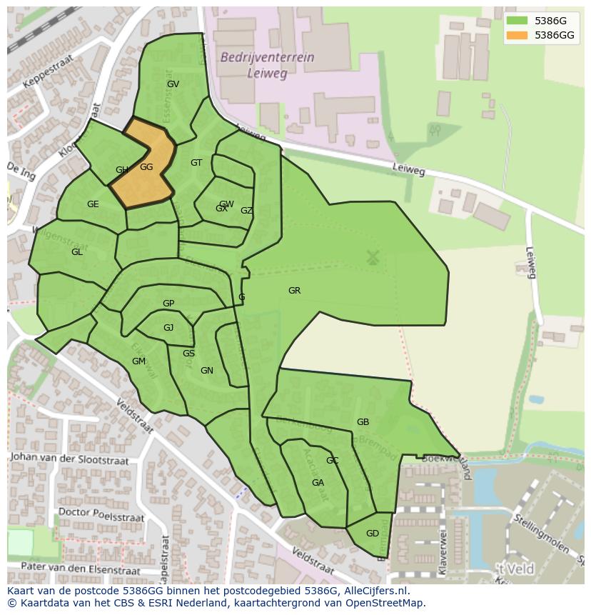 Afbeelding van het postcodegebied 5386 GG op de kaart.