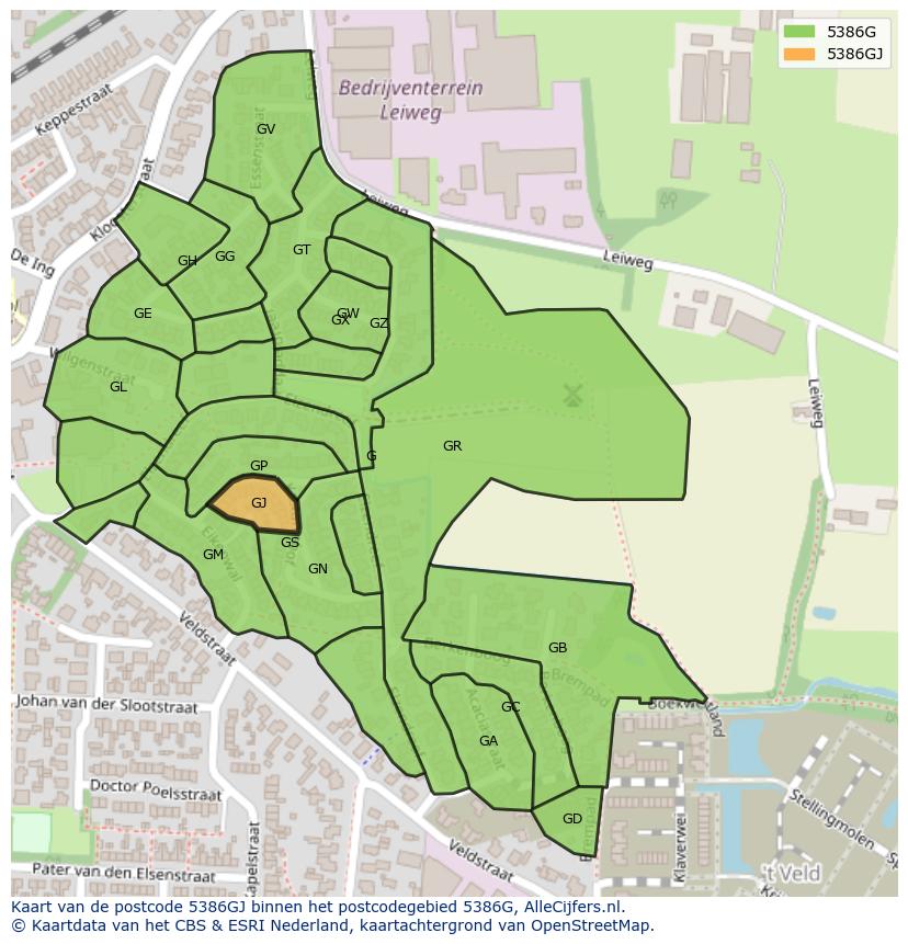 Afbeelding van het postcodegebied 5386 GJ op de kaart.