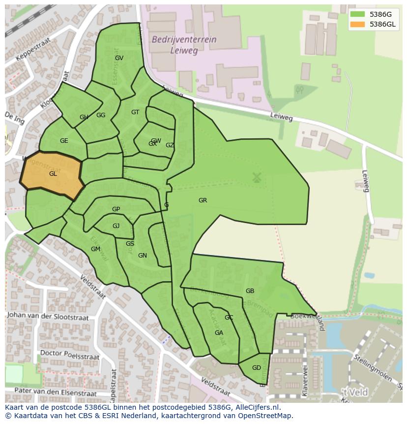 Afbeelding van het postcodegebied 5386 GL op de kaart.