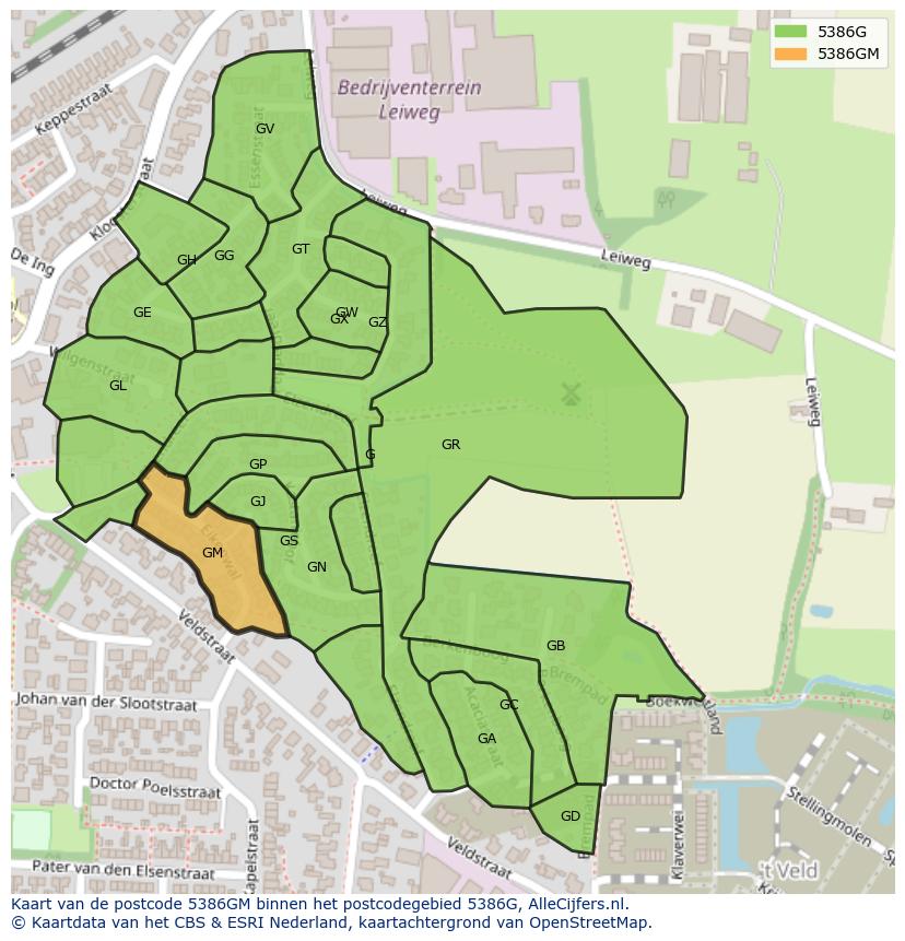 Afbeelding van het postcodegebied 5386 GM op de kaart.