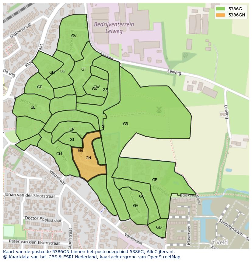 Afbeelding van het postcodegebied 5386 GN op de kaart.