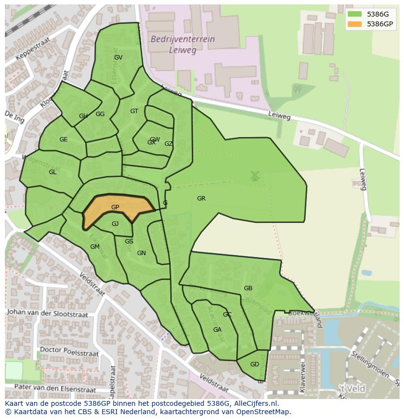 Afbeelding van het postcodegebied 5386 GP op de kaart.