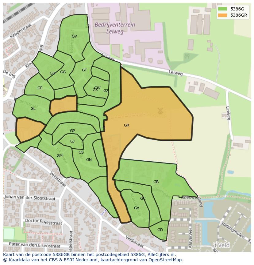 Afbeelding van het postcodegebied 5386 GR op de kaart.