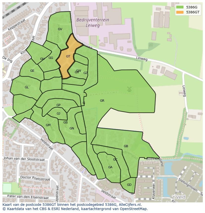 Afbeelding van het postcodegebied 5386 GT op de kaart.
